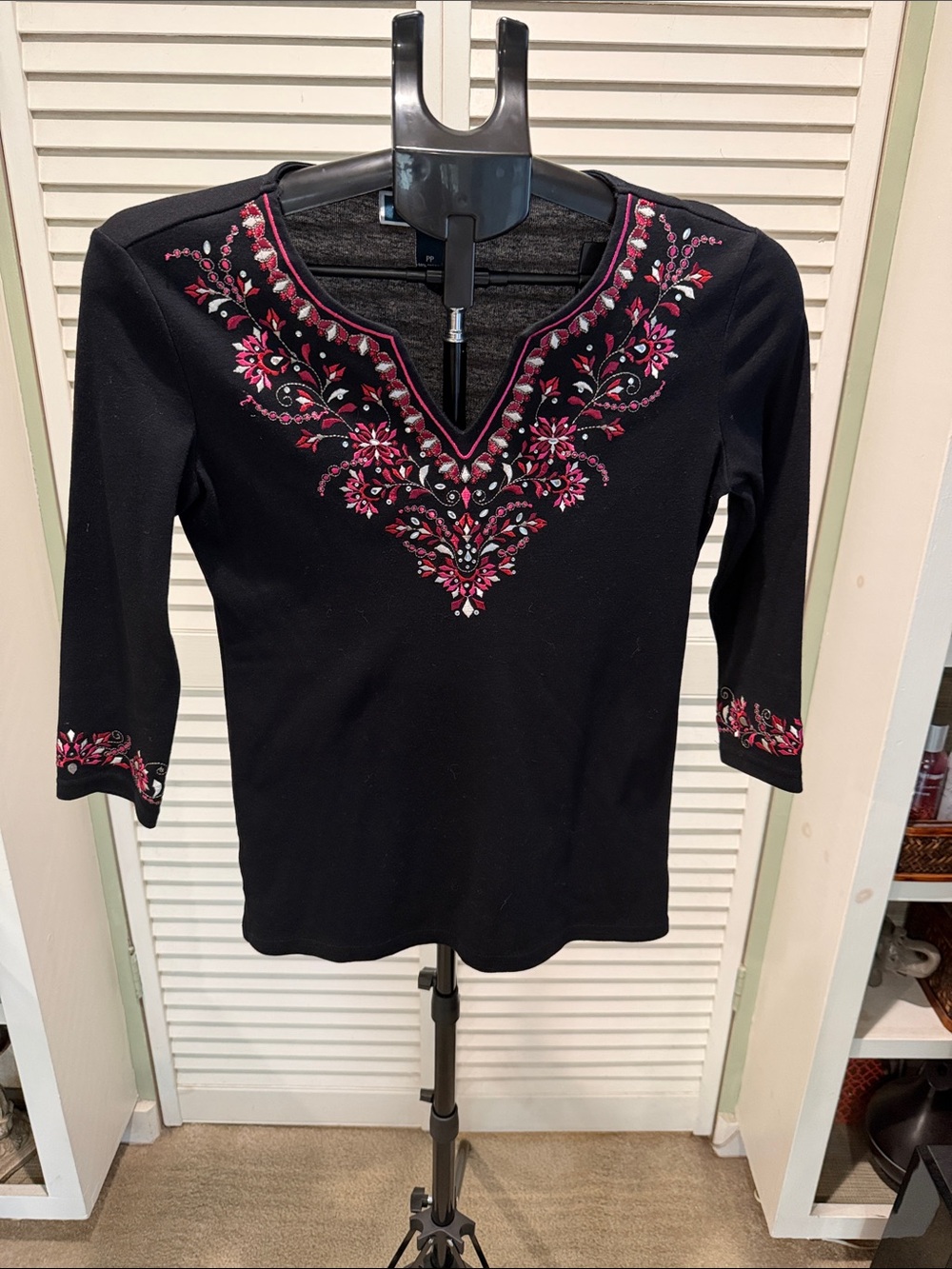 Karen Scott Women’s Black Embroidered V-Neck Top with Pink /Red /Diamond Accents